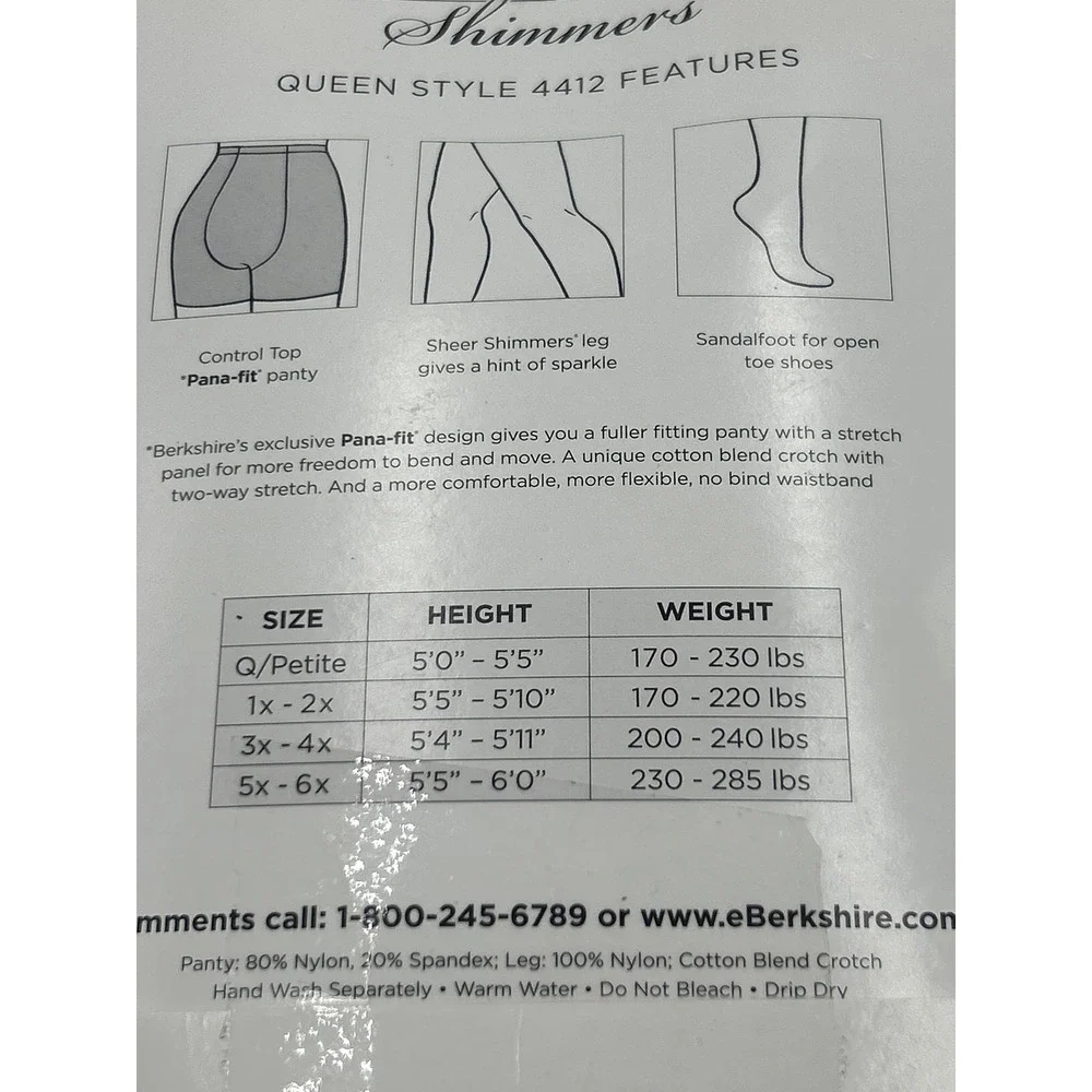 Berkshire Shimmers Queen Pantyhose Candlelight 4412 Control Top Sandalfoot 5x-6x